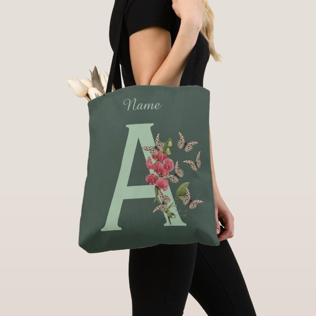 Tote Bag Papillon Fleur Monogramme Initiale A Personnalisé (De près)