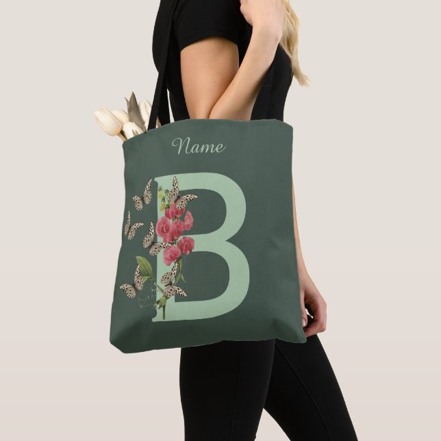 Tote Bag Papillon Fleur Monogramme Initiale B Personnalisé (De près)