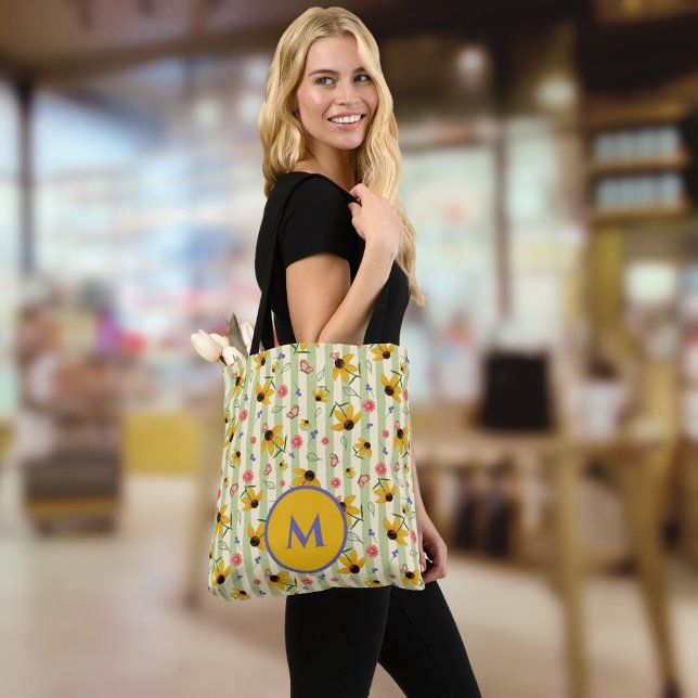 Tote Bag Papillon Fleur Motif Monogrammé Coneflower (Monogram Coneflower Butterfly Floral Patterned Tote Bag)