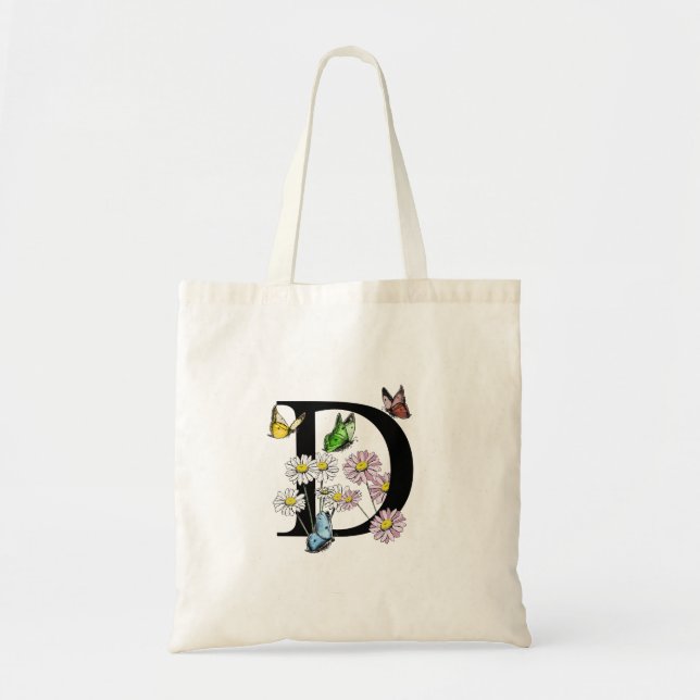 Tote Bag Papillon Floral Lettre D Monogramme   (Devant)