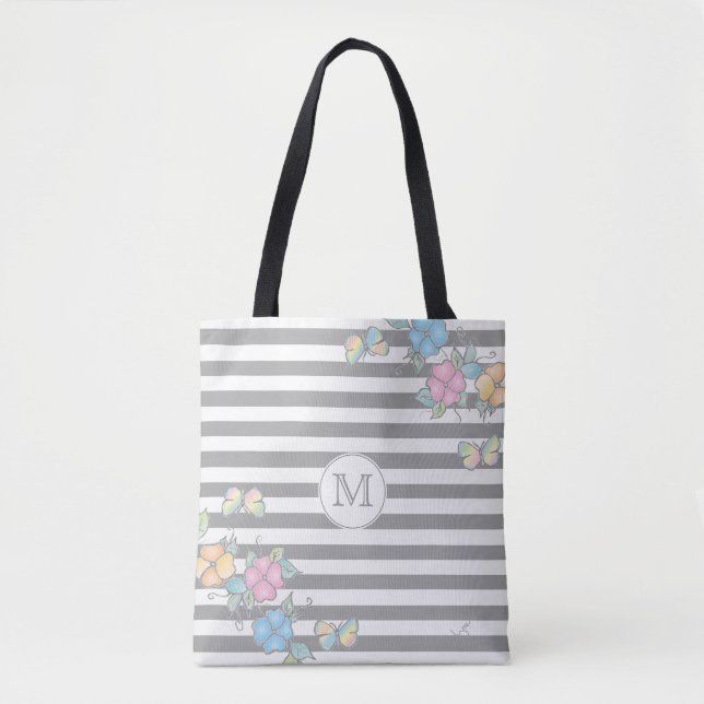 Tote Bag Papillon floral rayé Monogramme gris (Devant)