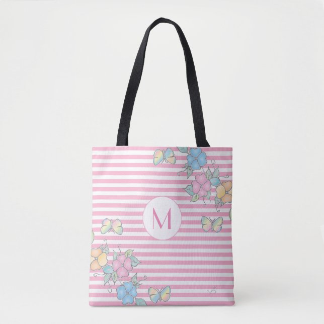Tote Bag Papillon floral rayé Monogramme rose (Devant)