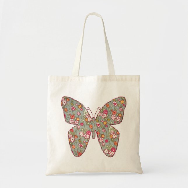 Tote Bag Papillon gris floral de tissu (Devant)