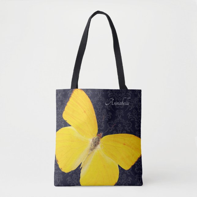 Tote Bag Papillon Jaune Élégant Damassé Noir Ajouter Nom (Devant)