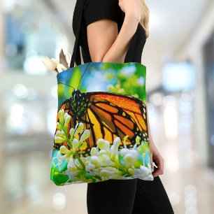 Tote Bag Papillon Monarque orange Fleur blanche Photo Bold