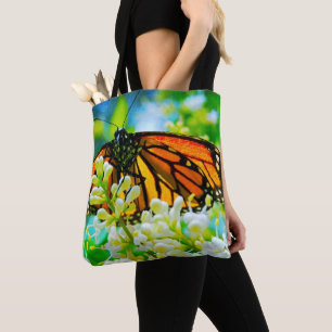 Tote Bag Papillon Monarque orange Fleur blanche Photo Bold