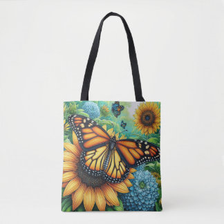 Tote Bag Papillon monarque reposant sur les tournesols