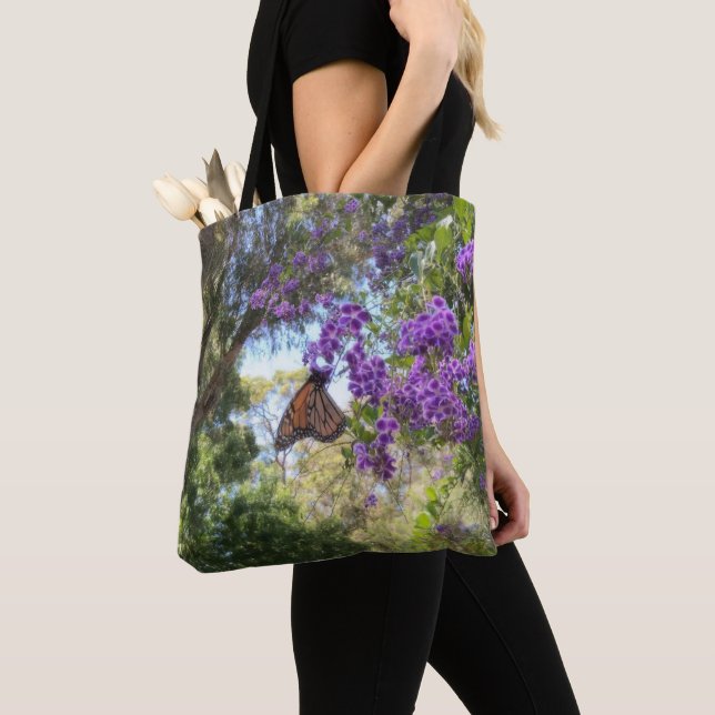 Tote Bag Papillon Monarque sur Fleurs Violettes (De près)