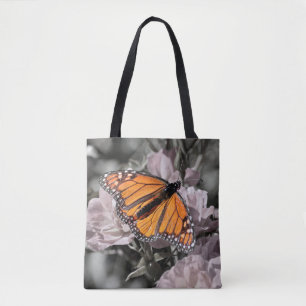Tote Bag Papillon monarque sur les fleurs rose et gris bouc