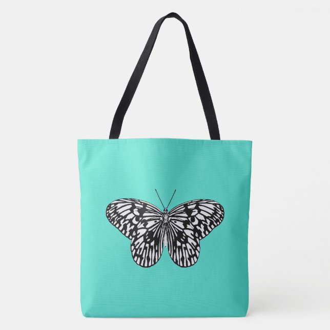 Tote Bag Papillon noir et blanc, arrière - plan turquoise (Devant)