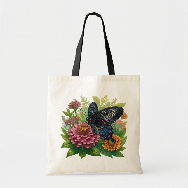 Tote Bag Papillon noir Savourer une Zinnia rose parmi le ve (Devant)