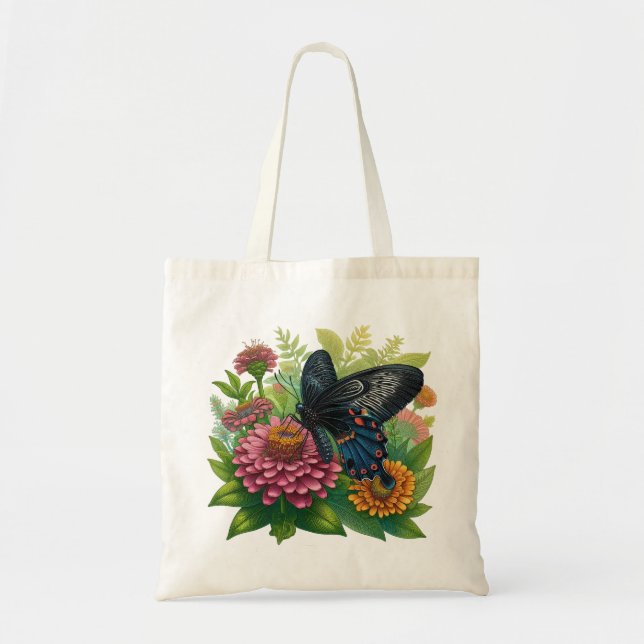 Tote Bag Papillon noir Savourer une Zinnia rose parmi le ve (Devant)