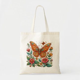 Tote Bag Papillon orange avec fleurs