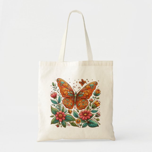 Tote Bag Papillon orange avec fleurs (Devant)