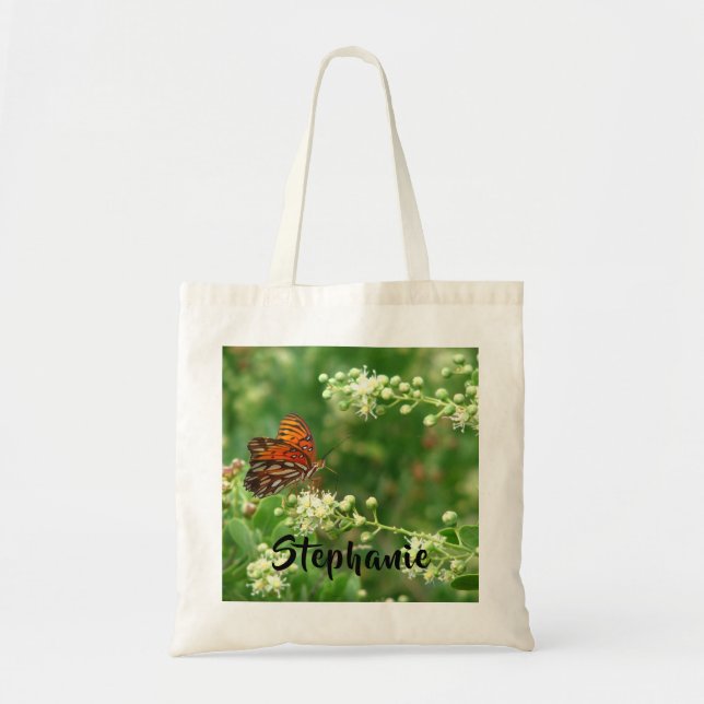 Tote Bag Papillon orange avec nom personnalisé Coton (Devant)