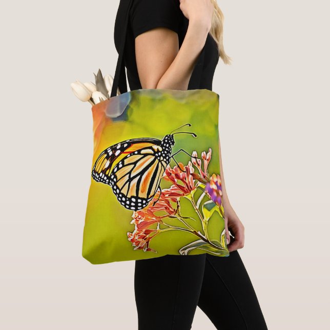 Tote Bag Papillon orange sur la conception de fleurs roses (De près)