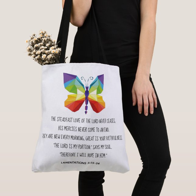 Tote Bag Papillon peint, verset des Lamentations 3:22-24 (De près)