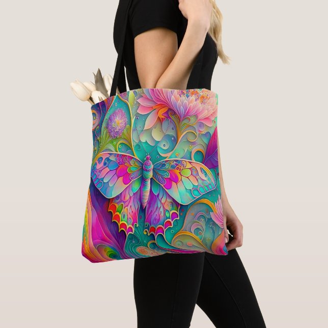 Tote Bag Papillon psychédélique coloré et fleurs (De près)