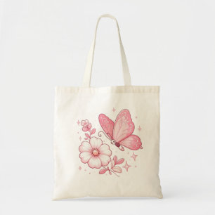 Tote Bag Papillon rose et fleurs