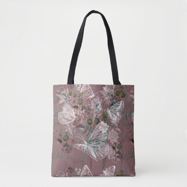 Tote Bag Papillon rose poussiéreux rose mauve floral (Devant)