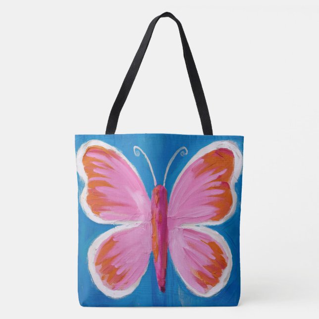 Tote Bag Papillon rose vibrant sur Arrière - plan bleu (Devant)