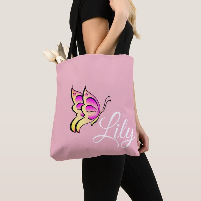 Tote Bag papillon rose - votre nom d'enfant de bébé (De près)