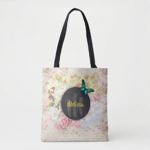 Tote Bag Papillon vert sur chic Vintage monogramme collage