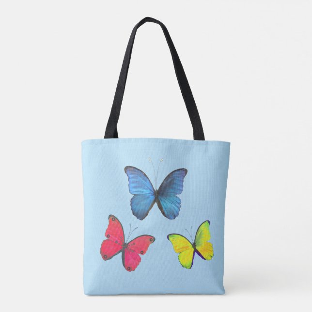 Tote Bag Papillons bleus rouges et jaunes sur bleu clair (Dos)