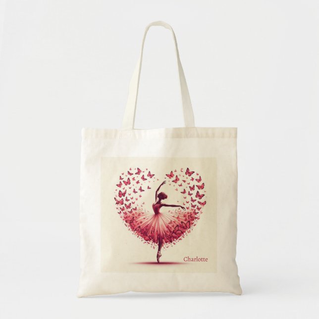 Tote Bag Papillons Coeur Ballerina Rose Nom Personnalisé Da (Devant)