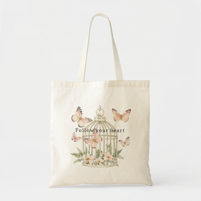 Tote Bag Papillons de pêche Cage Floral (Devant)