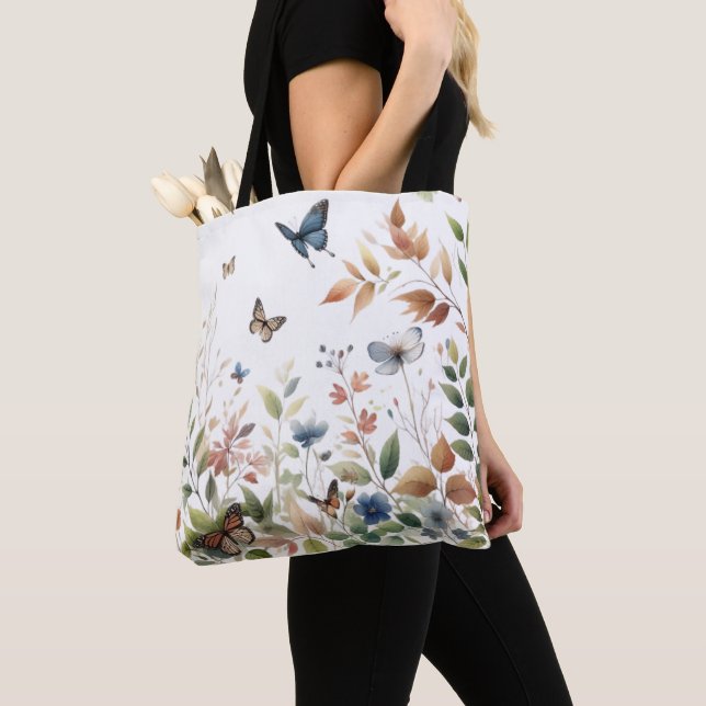 Tote Bag Papillons Élégants avec Feuillage Luxuriant (De près)