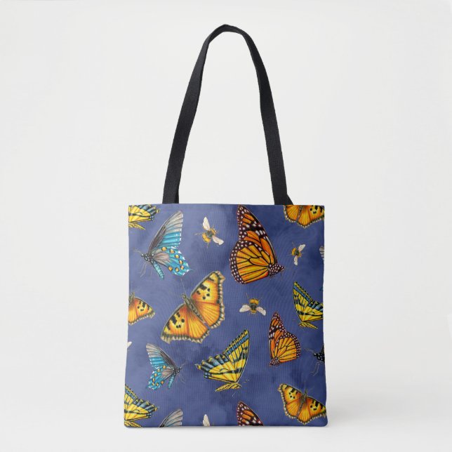 Tote Bag Papillons et abeilles sur le ciel bleu foncé (Devant)