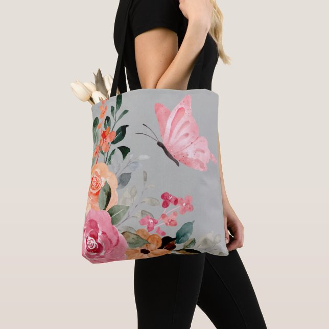 Tote Bag Papillons et fleurs aquarelles (De près)