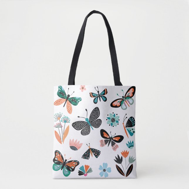 Tote Bag Papillons et fleurs, collection dessinée à la main (Devant)
