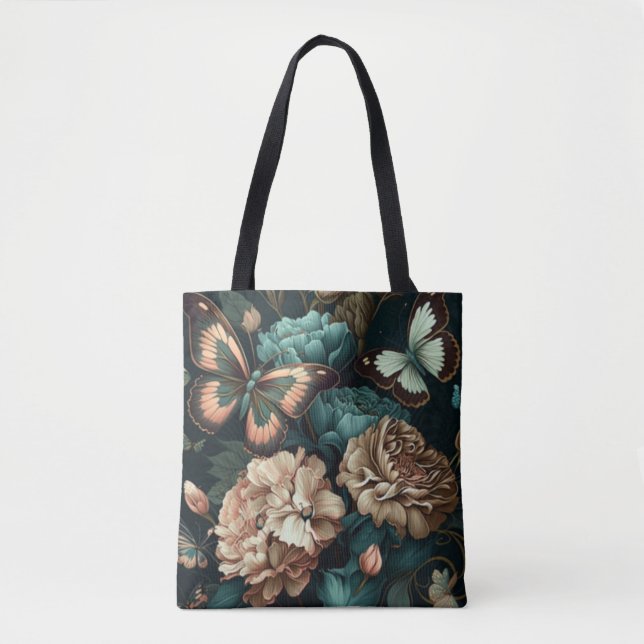 Tote Bag Papillons et fleurs design classique foncé (Devant)