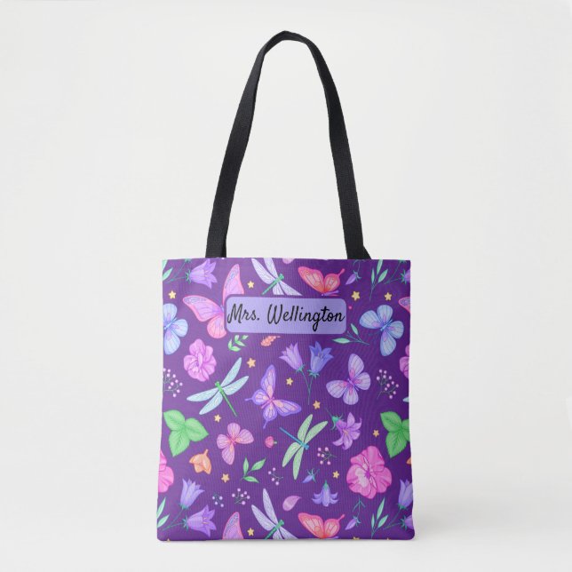 Tote Bag Papillons et libellules à fleurs violettes et rose (Devant)
