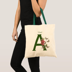 Tote Bag Papillons Fleur Monogramme Initiale A Personnalisé