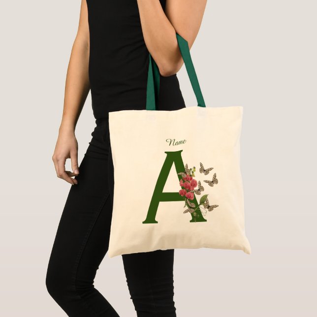 Tote Bag Papillons Fleur Monogramme Initiale A Personnalisé (Devant (produit))