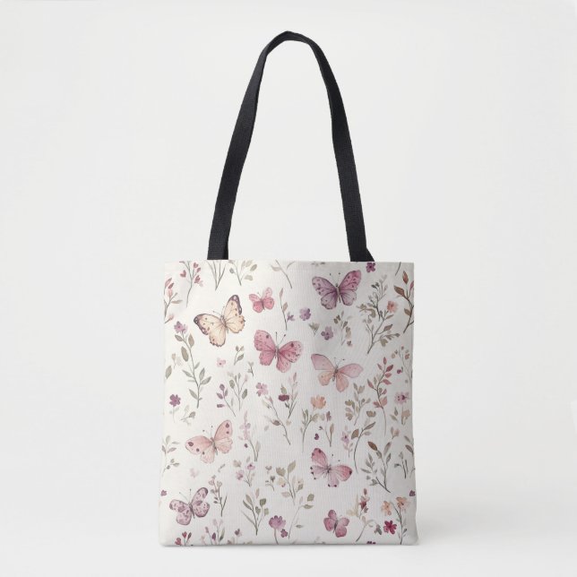 Tote Bag Papillons Fleuris Crème Violette (Devant)