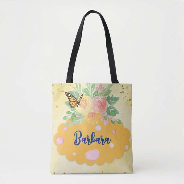 Tote Bag "Papillons, fleurs et points" (Devant)