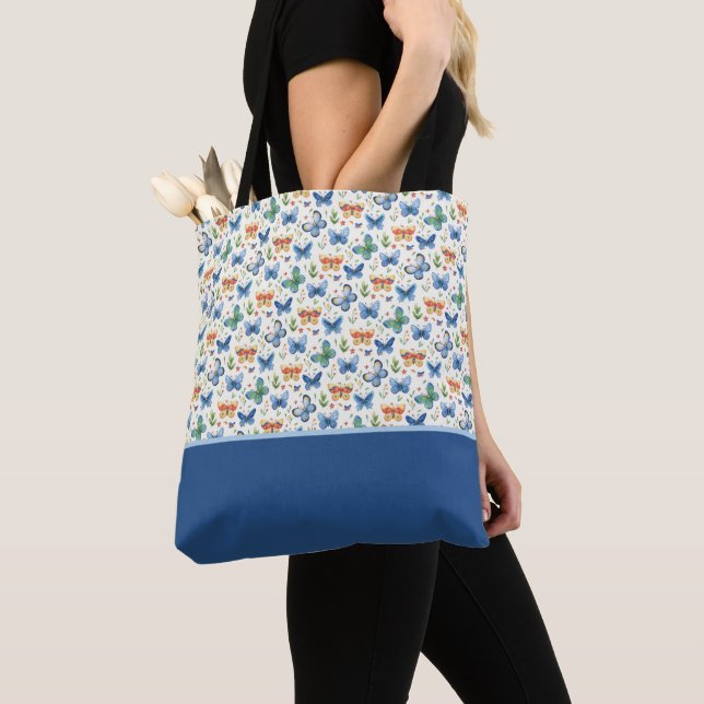 Tote Bag Papillons Fleurs Vert Jaune Bleu Bloc de Couleur (De près)