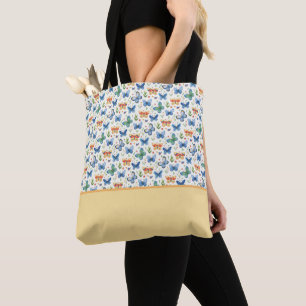 Tote Bag Papillons Fleurs Vert Jaune Bleu Bloc de Couleur