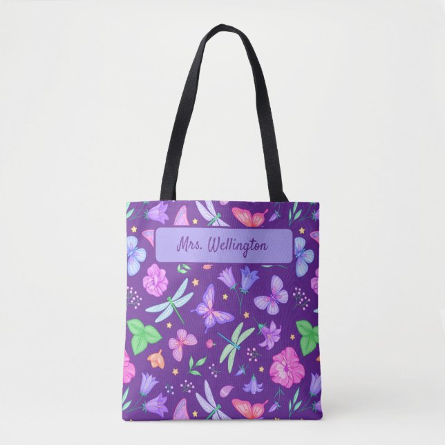 Tote Bag Papillons & Libellules fleurs violettes et roses (Devant)
