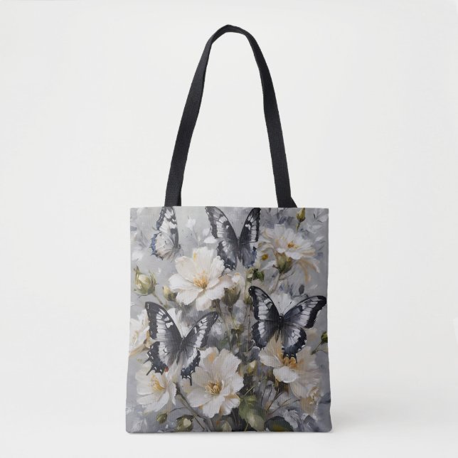 Tote Bag Papillons noirs et blancs sur des fleurs blanches, (Devant)