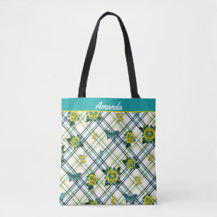 Tote Bag Papillons Rose de tatouage Turquoise jaune Plaid