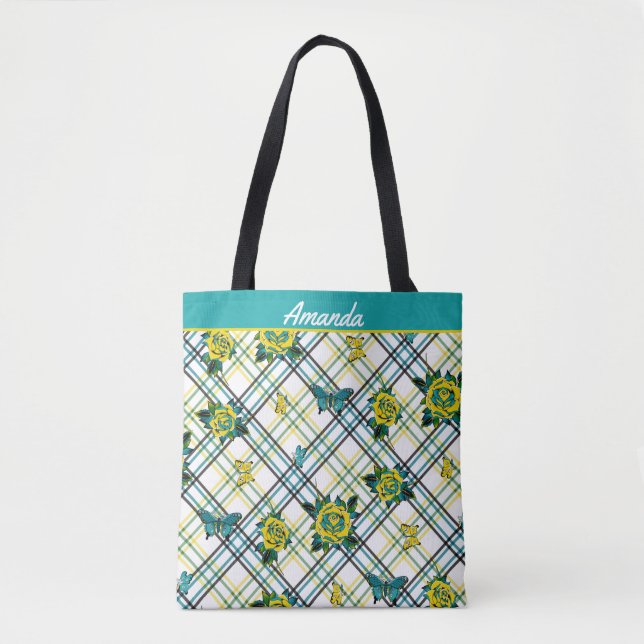 Tote Bag Papillons Rose de tatouage Turquoise jaune Plaid (Devant)