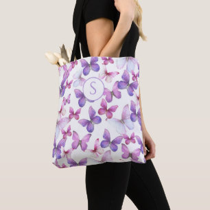 Tote Bag Papillons rose et violet Monogramme personnalisé