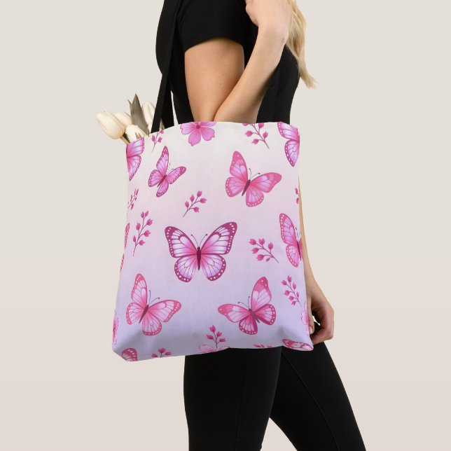Tote Bag Papillons roses et motif de fleurs (De près)
