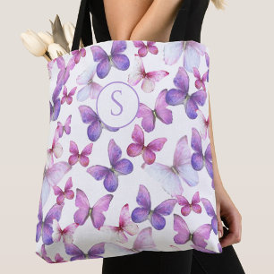 Tote Bag Papillons roses et violets Monogramme personnalisé