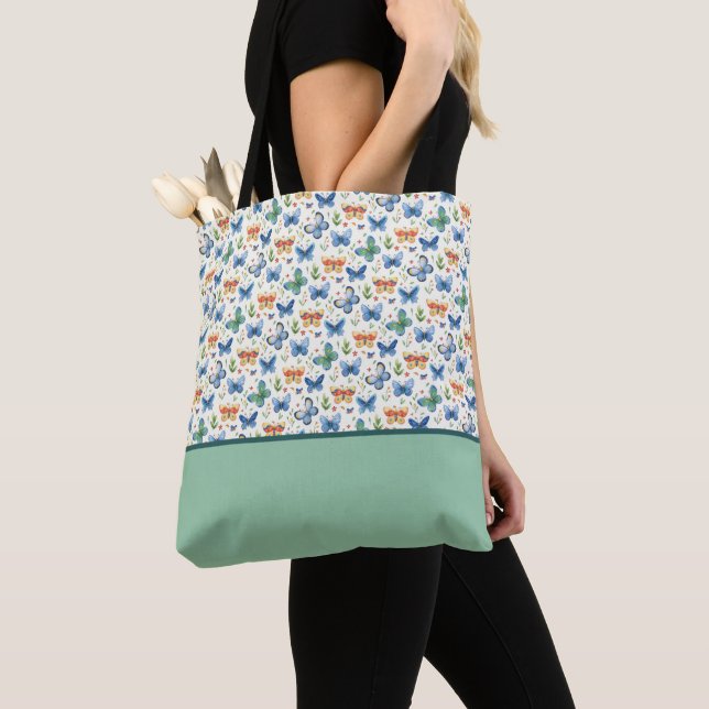 Tote Bag Papillons Vert Jaune Bleu Fleurs Bloc de Couleur (De près)